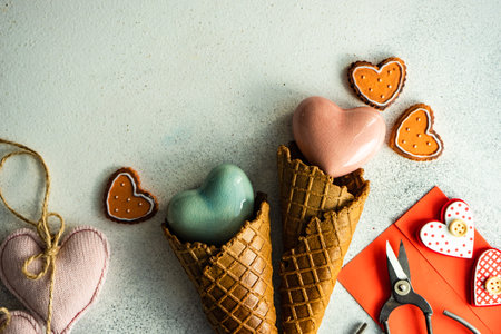Valentine day holiday card concept with heart shaped decor on stone background with copy spaceの写真素材