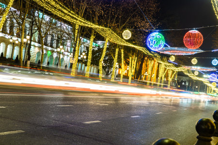 25 DECEMBER 2019, TBILISI, GEORGIA; New Year illumination with solar system over the main avenue of the city Rustaveli in Tbilisi's downtown, Tbilisi, Georgiaのeditorial素材
