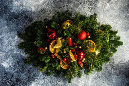 Christmas festive composition with balls and decor on stone background with copy spaceのeditorial素材