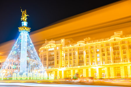 25 DECEMBER 2019, TBILISI, GEORGIA; New Year illumination with solar system over the main avenue of the city Rustaveli in Tbilisi's downtown, Tbilisi, Georgiaのeditorial素材