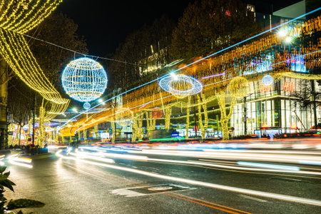 25 DECEMBER 2019, TBILISI, GEORGIA; New Year illumination with solar system over the main avenue of the city Rustaveli in Tbilisi's downtown, Tbilisi, Georgiaのeditorial素材