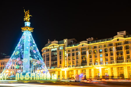 25 DECEMBER 2019, TBILISI, GEORGIA; New Year illumination with solar system over the main avenue of the city Rustaveli in Tbilisi's downtown, Tbilisi, Georgiaのeditorial素材