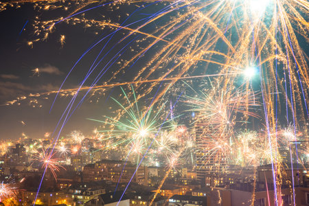 Georgia - Tbilisi. Meeting New 2020 year with fireworks over the central part of Tbilisi, capita city of Republic of Georgia in Caucasus region. 31.12.1019-01.01.2020のeditorial素材