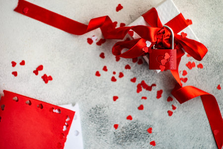 St. Valentine card concept with hearts and gift box ribbon on stone white background with copy spaceの写真素材