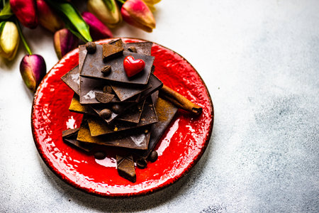 St. Valentine card concept with red plate full of chocolate and hearts decorated with tulips on stone background with copy spaceの写真素材
