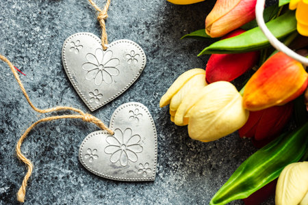 St. Valentine card concept with tulips, hearts and gift on stone background with copy space