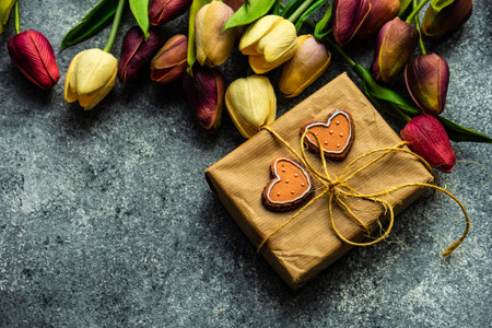 St. Valentine card concept with tulips, hearts and gift on stone background with copy spaceの写真素材