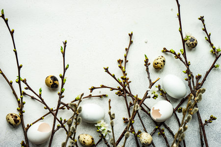 Easter card concept with eggs on rustic wooden background with copy space