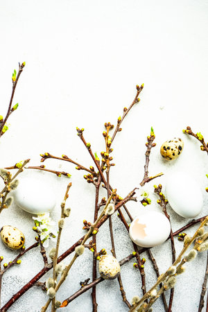Easter card concept with eggs on rustic wooden background with copy spaceの写真素材