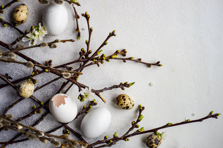 Easter card concept with eggs on rustic wooden background with copy space