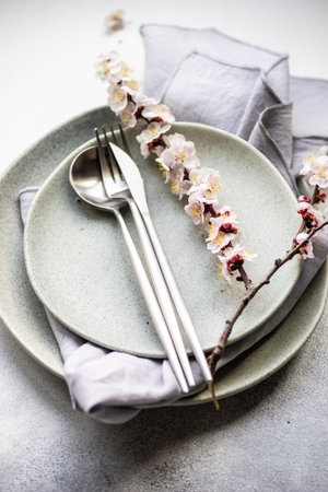Minimalistic cutlery sett wih apricot blossom on concrete background with copy spaceの写真素材