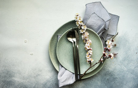 Minimalistic cutlery sett wih apricot blossom on concrete background with copy spaceの写真素材