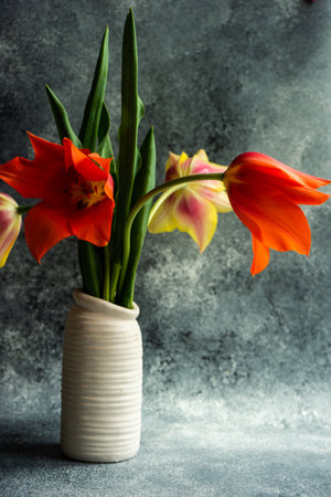 Beautiful tulip flowers bouquet as a holiday present in interiorの写真素材
