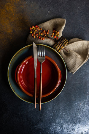Autumnal table setting with dried wild red berries on stone background with copy spaceの写真素材