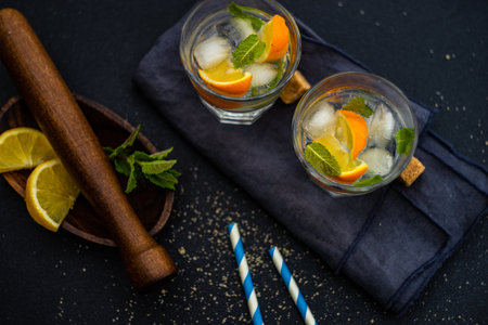 Tasty gin and tonic cocktail with slices of lemon and fresh mint on rustic background with copy...