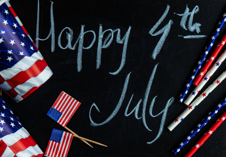Table setting concept with 4th of July or USA Independence Day with flags on concrete background with copy spaceの写真素材