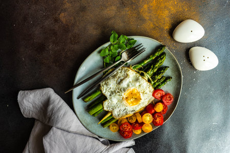 Organic grilled asparagus served for healthy keto lunch on stone background with copy spaceの写真素材