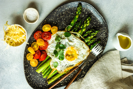 Organic grilled asparagus served for healthy keto lunch on stone background with copy spaceの写真素材