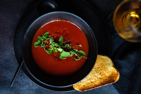 Served spanish gazpacho soup on rustic background with copy space