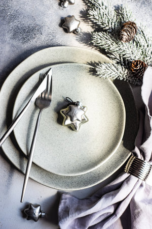 Minimalist table setting in grey colors on concrete background with copy spaceの写真素材