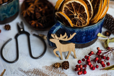 Christmas food concept with spice varieties for cooking mulled wine on vintage wooden tableの写真素材