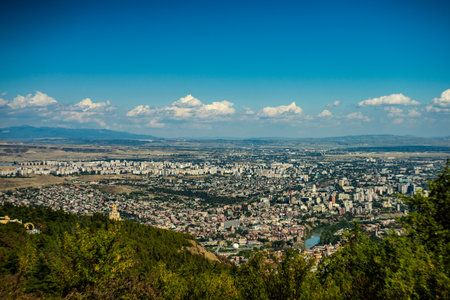 Tbilisi cityscape from hilltop of Mtatsminda mountain, travel card