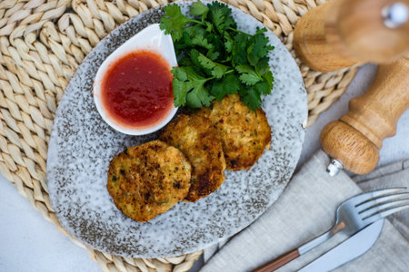 Chicken cutlet served with sauce and coriander on concrete table