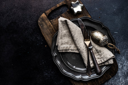 Christmas holiday flatlay with evergreen wreath on wooden background with copy spaceの写真素材