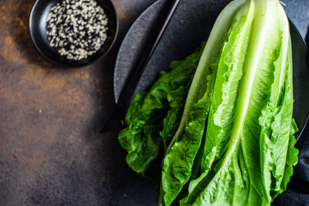 Raw and organic salad cooking concept with fresh salad leaves andspices on rustic background with copy spaceの写真素材