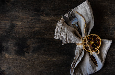 Vintage tabel setting for festive holiday Christmas dinner on wooden table with copy spaceの写真素材