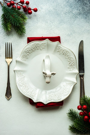 Festive place setting for celebration the Christmas eve on concrete tableの写真素材
