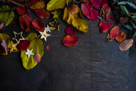 Autumnal frame with bright yellow and red leaves on wooden backgroundの写真素材