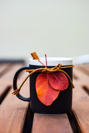 Cup of black tea and lemon on wooden background with copy spaceの写真素材
