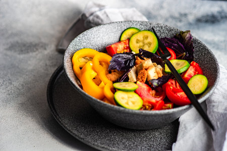 Healthy gourmet salad with vegetables and feijoa served in a bowl on tableの写真素材