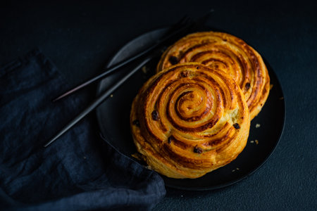 Just baked raisins buns on woode plate as a dessert food conceptの写真素材