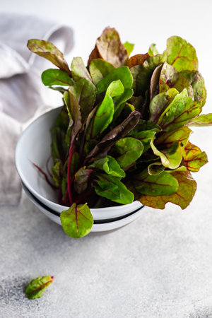 Fresh raw beetroot leaves as a healthy cooking concept on stone background with copy space