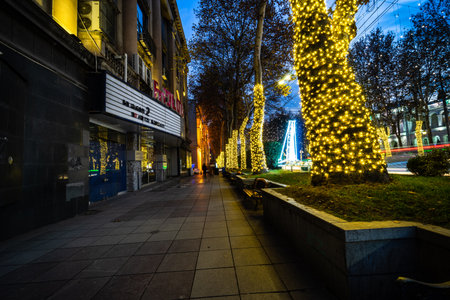 20 DECEMBER 2020, TBILISI, GEORGIA: Main avenue of georgian capital Tbilisi city with festive...