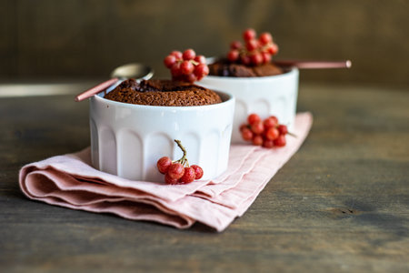 Fresh bakes chocolate fondant cake with red Shepherdia argentea berries served in a bowl