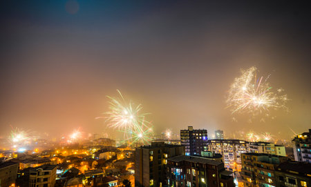 Fireworks at 00.00 at the midnight of 01 of January 2021, meeting New Year in Tbilisi city centre,...