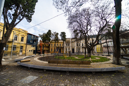 Architecture of the most ancient part of historical area of Tbilisi city, Gudiashvili square with traditional carving balconiesの写真素材