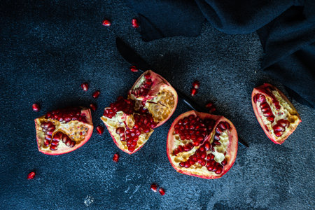 Organic ripe pomegranate fruit on black stone backgroundの写真素材