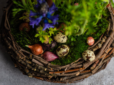 Spring floral interior composition on concrete background