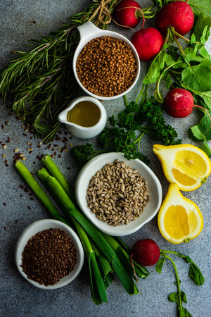 Cooking concept with organic and healthy ingredients on concrete backgroundの写真素材