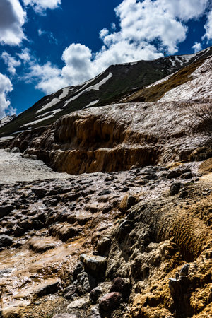 Sulful natural streams on the slope on Cross Pass in Northern Georgiaの写真素材