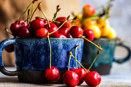 Summer background with ripe sweet cherries in ceramic mugs