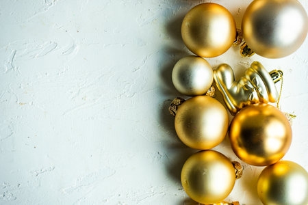 Christmas card concept with variety of holiday festive balls on concrete backgroundの写真素材