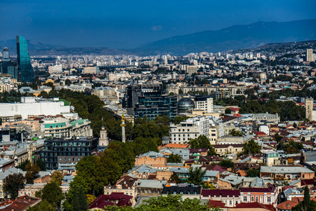 Tbilisi cityscape from hilltop of Mtatsminda mountain, travel card