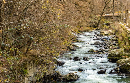 Famous park in city-resort with mineral water springs Borjomi in the mountains of Georgiaの写真素材