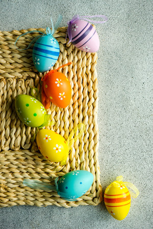 Easter colored eggs with ornaments on wooden background