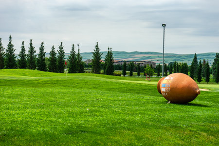 Green grassland in Kachreti village in georgian region Kakheti in summer daysの写真素材